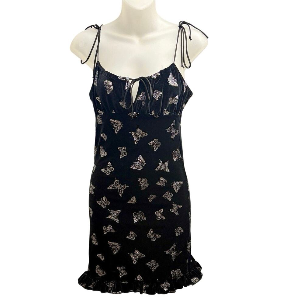 Motel Rocks Glitter Velvet Mini Dress Black Butterfly Ruffle Tie Strap Dress S